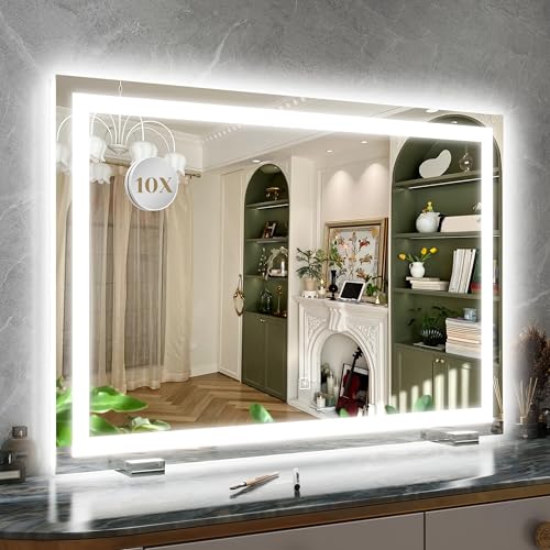 ROLOVE 32x 22 Inch Large Lighted Vanity Mirror with Dimmable 3 Modes, LED Makeup Mirror for Bathroom ＆ Dressing Room, Tabletop or Wall-Mounted, White - color: White, size: 31"x22"