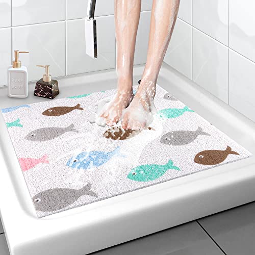 Shower Mat Non-Slip, 24x 24 Inch Square, Soft Comfort Bath Mats with Drainage Holes, PVC Loofah Massage Bathmat for Shower,Bathroom, Wet Areas, Quick Drying - color: Colorful Fish, size: 24" x 24" (Square)