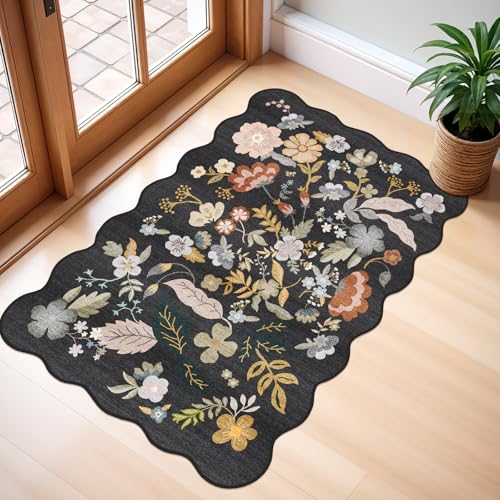 2x3 Rug Scalloped Runner for Entryway: Washable Soft Floral Area Rug Black | Non Slip Floor Carpet for Kitchen Bathroom Laundry Room - Small Soft Low-Pile Ultra Thin Throw Door Mat for Boho Chic Decor - color: Black, size: 2' x 3' (Rectangular)