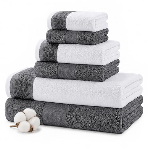 Modern Threads 600 GSM 6-Piece Towel Set with Filgree Jacquard Border Charcoal - color: Grey, style: Jacquard Border