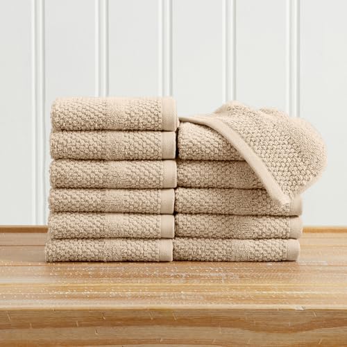Great Bay Home 100% Cotton 12 Pack Washcloth Set - Absorbent, Quick-Drying, Textured Weave Bath Towels for Bathroom - Zero-Twist Fibers (Sandstone) - color: Sandstone, size: Washcloth (Pack of 12)