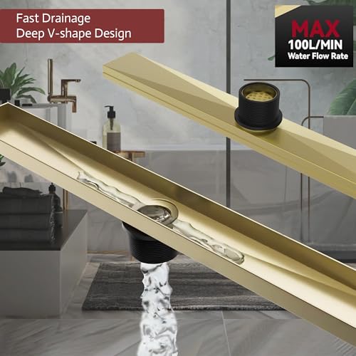 Linear Shower Drain, 24 inch Brushed Gold | Including Hair Catcher and Removable Grate, 304 Stainless Steel, Easy to Install and Clean (Drain Base Not Included) - color: Brushed Gold, size: 24 inch