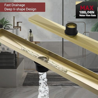 Linear Shower Drain, 36 inch Brushed Gold | Including Hair Catcher and Removable Grate, 304 Stainless Steel, Easy to Install and Clean (Drain Base Not Included) - color: Brushed Gold, size: 36 inch