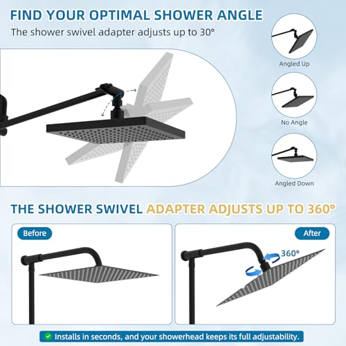 Hibbent Adjustable Metal Shower Head Swivel Ball Joint Adapter, Solid Brass, Matte Black, 30 Swivel, G1/2 Connections, Easy Install - color: Matte Black