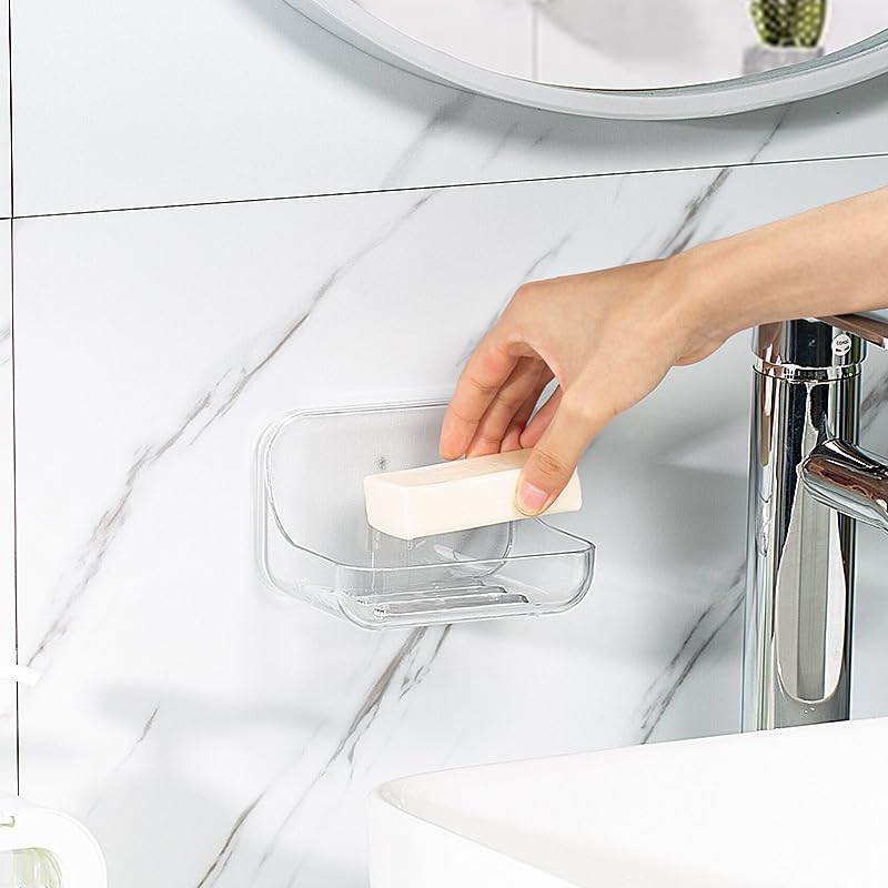 Self Adhesive Soap Dish Wall Mounted, Plastic Soap Saver, Sponge Soap Holder for Shower Wall, Bathroom, Kitchen ((Clear B)) - size: 2