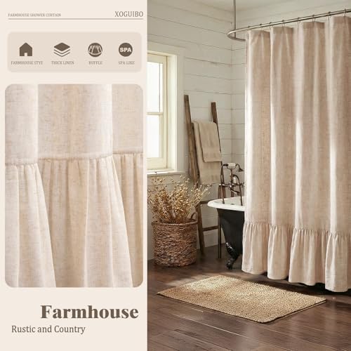 Farmhouse Shower Curtain Ruffle Linen Beige 72" W x 84" L | Linen Fabric, Farmhouse Boho, Bottom Ruffle, Rustic, Country, Natural Look, Washable, Shower Curtain for Bathroom Bathtub - color: Beige, size: 72"W x 84"L