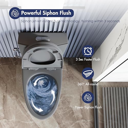 Elongated One Piece Toilet, ADA Dual Flush 1.1/1.6 GPF, Dark Gray | ADA 17" chair height, Powerful siphon dual flush, 12" rough-in, Bathroom toilet bowl, comfort soft closing seat, Gray toilets - color: Dark Gray