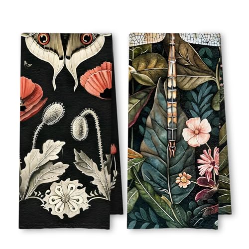 Moody Floral Moth Dragonfly Kitchen Towels Set of 2, Dark Cottagecore Botanical Dish Tea Towels for Kitchen Decor, Dark Academia Flowers Hand Towels for Bathroom Decor, 16x24 Inch - color: Moth Dragonfly