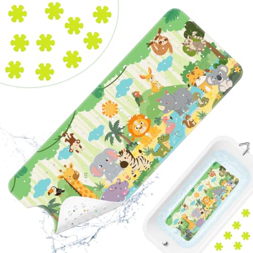 Cinrobiye Bath Mat for Tub Non Slip, 40 x 16 Inch Woodland Animal Cartoon Bathtub Shower Mat with Suction Cups and Drain Holes, Waterproof Machine Washable Bathroom Mat - color: Green