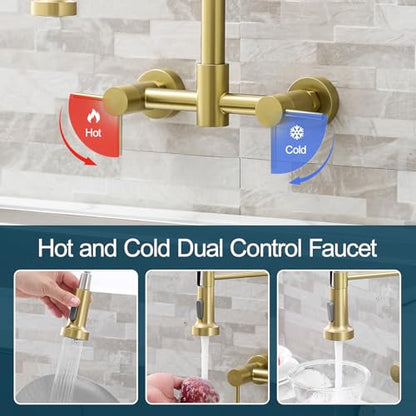 AIMADI Brushed Gold Kitchen Faucet,Wall Mount Faucet 8 Inch Center | 2 Handle Commercial Sink Faucet for Modern Kitchens Luxury Style - color: brushed gold