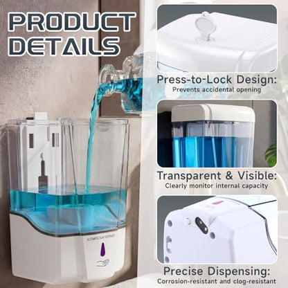 4 Pack Automatic Soap Dispenser Touchless 600 ml / 20 oz Wall Mount Hand Sanitizer Dispenser Sensor Hand Soap Pump for Commercial Place Bathroom Offices Home Kitchen Hotel (White) - color: White
