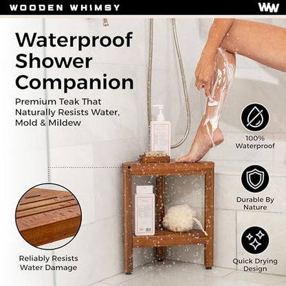 Teak Corner Shower Bench with Matching Soap Holder - Sturdy Waterproof Bathroom Stool Chair with Storage Shelf for Bathing Supplies - Bath Seat and Foot Rest for Shaving Legs - 15" x 15" x 18"