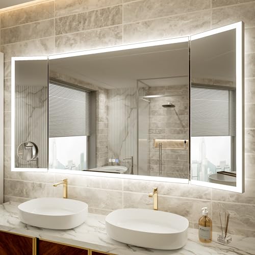66x36 Wall-Mount Lighting Trifold Bathroom Mirror with Removable Magnifier | Removable Magnifier,180° Rotational Mirror,Front-lit,Backlit,Stepless Dimming,Color Temper Change,Anti-fog,Memory Lighting - size: 36"L x 66"W