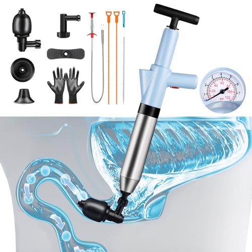 High Pressure Toilet Plunger Heavy Duty Air Drain Blaster with Real-Time Barometer Multi-Drain Clog Remover for Toilets, Sinks, Tubs & Pipes - Fast, Effective Unclogging Tool (Blue) - size: Toilet plunger-Blue