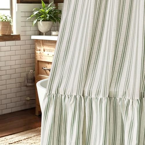 ORTIGIA Linen Textured Ruffle Shower Curtain 72x72 Inch with Metal Hooks, Vintage Cream-Green Waterproof Bath Curtain for Rustic Farmhouse Bathroom Decor - color: Green Strped and Ruffle, size: 72"W x 72"L (Pack of 1)