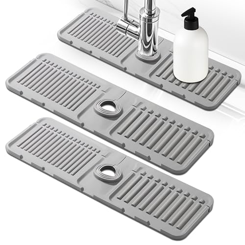 Silicone Faucet Mat 2 Pack - 40x12cm Grey Kitchen Sink Splash Guard and Drying Pad for 3.5-6cm Faucets. Anti-Slip Design with Fast Drainage for Counter Protection, Grey