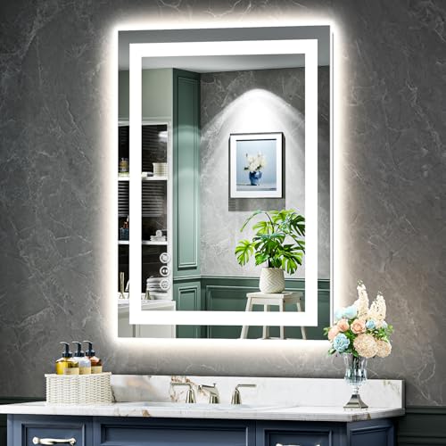 24x36 Inch LED Bathroom Mirror with Lights Front and Backlit Lighted Vanity Mirror for Bathroom Wall with 3 Colors Dimmable Anti-Fog Memory Shatter-Proof IP54 Waterproof Horizontal/Vertical - color: Backlit+front Lit, size: 24"L x 36"W