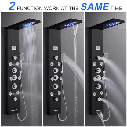 POPFLY 6 In 1 LED Shower Panel Tower System, 8 Body Massage Jets, 304 Stainless Steel Wall Mount Rainfall ＆ Waterfall Shower Column Towers with Temperature Display, Tub Spout, Black - color: 8 Jets-Black