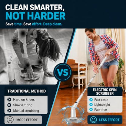 Electric Spin Scrubber, High Torque Deep Cleaning Scrubber, Cordless Cleaning Brush with Adjustable Handle & 7 Replaceable Heads, Heavy-Duty Bathroom Scrubber for Bathroom Cleaning (White)