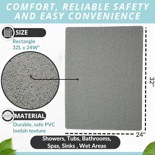 Enkosi Loofah Non-Slip Shower Mat - Shower Floors, Bathtub, Bathrooms, Wet Areas - Cushioned Bath Mat with Drain Holes - Quick Dry PVC, Secure Safety Pad Without Suction Cups (32x24 Grey) - color: Grey, size: 32" x 24" (Rectangular)