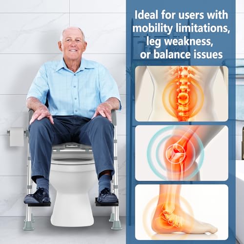 Raised Toilet Seat Riser with Footrest & Handles, 500 lbs | Adjustable height and width, fits standard toilets, ideal for elderly, disabled and pregnant users