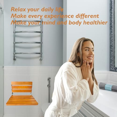 Folding Shower Seat Wall Mounted Shower Seat,Folding Shower Bech Chair 316 Stainless Steel Frame,Foldable Teak Wood Fold Down Shower Seat Beech Wood 450 lbs,1 Pack - color: Beech Wood Color