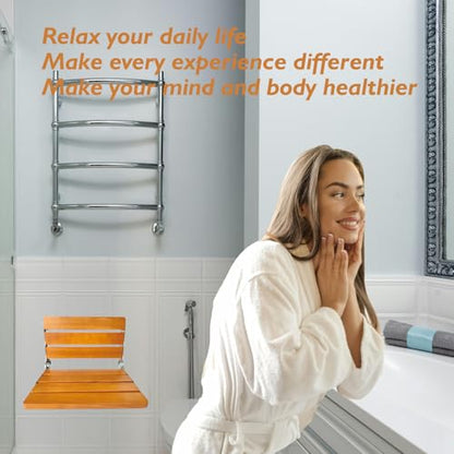 Folding Shower Seat Wall Mounted Shower Seat,Folding Shower Bech Chair 316 Stainless Steel Frame,Foldable Teak Wood Fold Down Shower Seat Beech Wood 450 lbs,1 Pack - color: Beech Wood Color