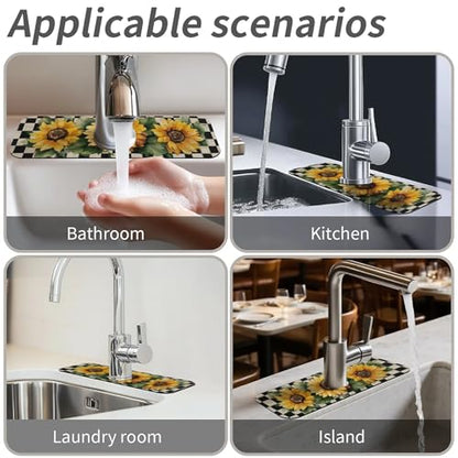 Kitchen Sink Splash Guard，Checkerboard Sunflower-1 Faucet Mat Sink Gadgets-Super Absorbent Fast Drying Mat Drip Catcher for Kitchen, Bathroom,Sink Mat, Dish Drying Mat, Bathroom(15" X 5.5" ) - color: Checkerboard Sunflower-1