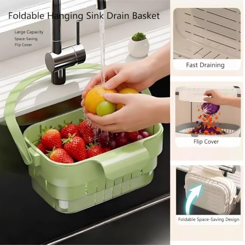 Foldable Hanging Sink Drain Basket, Kitchen Sink Strainer Basket (Green) | Space Saving Multi-functional Faucet Storage Rack Draining for Fruits Vegetables