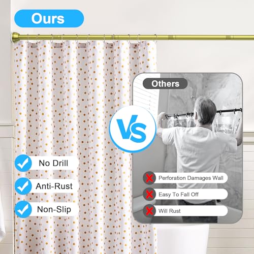 TEECK Shower Curtain Rod, 32-79 inch Adjustable Tension Spring, 1 Inch Shower Curtain Rod Tension, Anti-Slip, Rust-Proof, No Drilling, for Bathroom, Gold - color: Gold, size: 32-79 Inches