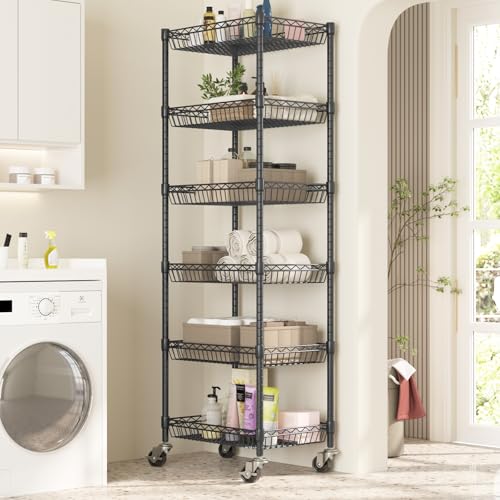 Himimi 6 Tier Rolling Storage Cart, Metal Wire Basket Rack with Wheels, Adjustable Storage Shelves Organizer Shelf for Kitchen Pantry Garage Laundry Room Bathroom, 17" W X 12" D X 63" H, Black - size: 17"W X 12"D X 63"H