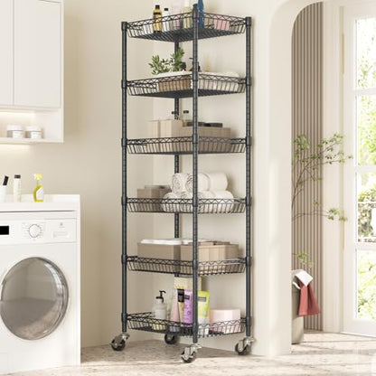 Himimi 6 Tier Rolling Storage Cart, Metal Wire Basket Rack with Wheels, Adjustable Storage Shelves Organizer Shelf for Kitchen Pantry Garage Laundry Room Bathroom, 17" W X 12" D X 63" H, Black - size: 17"W X 12"D X 63"H
