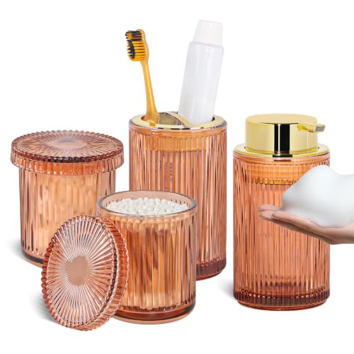 4pcs Glass Bathroom Accessories Set, Foaming Soap Dispenser, Toothbrush Holder and Cotton Swab Jar for Bathroom Counter Organizer Essentials, Vintage Ribbed Bathroom Decor, Brown - color: Brown