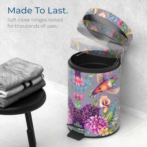 Sanilo Small Bathroom Trash Can with Lid [1.3 Gallon] - Lidded Tiny Trashcan for Garbage - Mini Metal Bin with Soft Closing Mechanism - Bath Room Accessoire Wastebin with Inner Bucket (Hummingbird) - color: Hummingbird