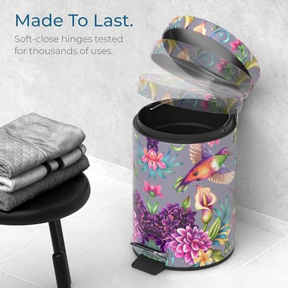 Sanilo Small Bathroom Trash Can with Lid [1.3 Gallon] - Lidded Tiny Trashcan for Garbage - Mini Metal Bin with Soft Closing Mechanism - Bath Room Accessoire Wastebin with Inner Bucket (Hummingbird) - color: Hummingbird