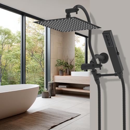 Hibbent All Metal cUPC Certified Shower Head, 12'' High Pressure Rainfall Showerhead Combo, Handheld Shower Wand, 12'' Adjustable Extension Arm, 4-Spray, 71'' Hose, Brass Shower Holder, Matte Black - color: Matte Black, style: Square 12''