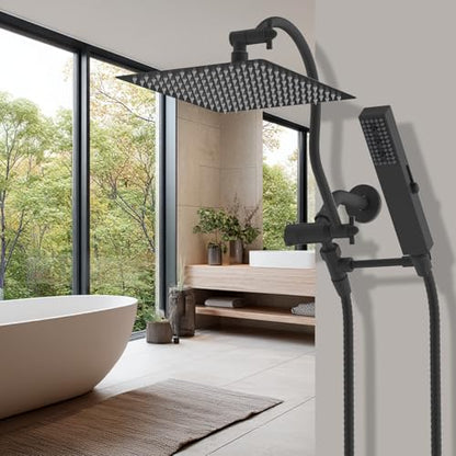 Hibbent All Metal cUPC Certified Shower Head, 12'' High Pressure Rainfall Showerhead Combo, Handheld Shower Wand, 12'' Adjustable Extension Arm, 4-Spray, 71'' Hose, Brass Shower Holder, Matte Black - color: Matte Black, style: Square 12''