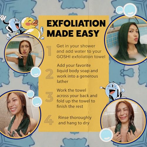 GOSHI Exfoliating Shower Towel - Long Body Scrubber, Green | For back acne, KP & smooth skin, durable quick dry nylon washcloth, ethically crafted in Gunma, Japan - color: Green