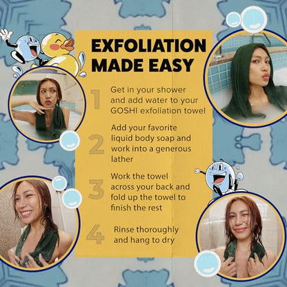 GOSHI Exfoliating Shower Towel - Long Body Scrubber, Green | For back acne, KP & smooth skin, durable quick dry nylon washcloth, ethically crafted in Gunma, Japan - color: Green