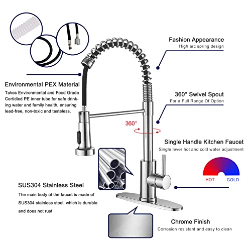 VOTON Chrome Kitchen Faucets with Pull Out Sprayer Commercial Spring Sink Faucet Stainless Steel Pull Down Single Handle Farmhouse faucets with Deck Plate for Camper Laundry Utility Rv Wet Bar - color: Chrome