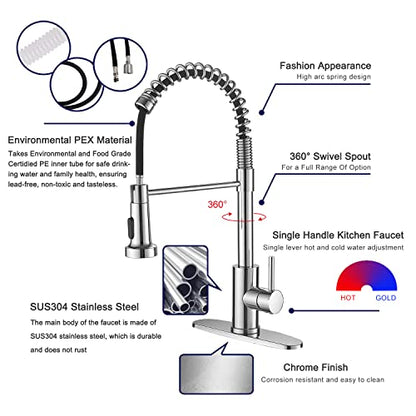 VOTON Chrome Kitchen Faucets with Pull Out Sprayer Commercial Spring Sink Faucet Stainless Steel Pull Down Single Handle Farmhouse faucets with Deck Plate for Camper Laundry Utility Rv Wet Bar - color: Chrome