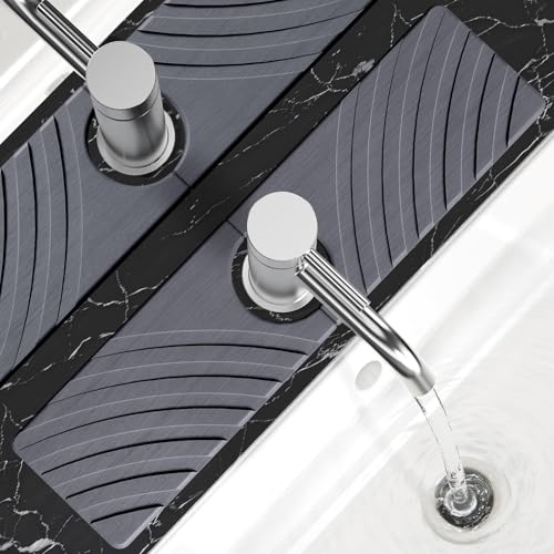 SpaceHacks Stone Faucet Mat for Kitchen Sink - Fast Drying Diatomite Stone Drying Mat, Textured Drainage Sink Protector, Water Splash Guard with Base Pads for Bathroom Counter (15.7x4 in, Dark Gray) - color: Dark Grey, size: 15.7" × 4"