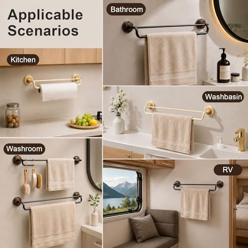 Double Pole No Drill Wall Mounted Towel Racks - Suction Cup Towel Bar for Bathroom Kitchen RV, Rustproof Stainless Steel Bathroom Hardware Set, Quick Setup Convenience(Matte Black,45cm/17.7in) - color: Matte Black, size: 45cm/17.7in