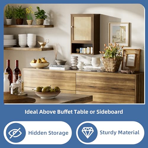 HITNET Bathroom Cabinet Wall Mounted, Medicine Cabinet with Single Rattan Door, Bamboo Hanging Storage Organizer Over Toilet, Space Saving, Walnut - color: Walnut