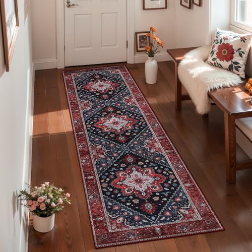 Ciicool 2x7ft Entryway Runner Rug, Washable Rug Non Slip Low Pile Pet Friendly Indoor Floor Long Carpet Hallway for Bathroom Kitchen Living Room Bedside - color: Dark Blue/Red, size: 2' x 7' (Runner)