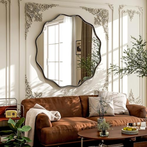 Black Scalloped Large Circle Mirror, 42" Wavy Round Wall Mirror | Tempered Glass Textured Circular Metal Deep Frame, Hanging Leaning for Bathroom, Hallway, Entryway, Livng Room - color: Black, size: 42"L x 42"W