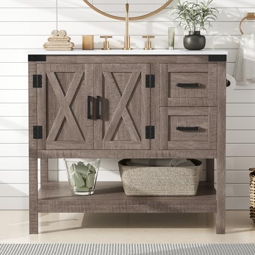 AMERLIFE 36" Gray Farmhouse Bathroom Vanity with Sink and 2 Drawers | Light Gray, Single Solid White Integrated Top, Moisture-Resistant MDF, 2 X-Panel Doors, 2 Drawers, Open Shelf, Towel Holder - color: Light Gray, size: 36”