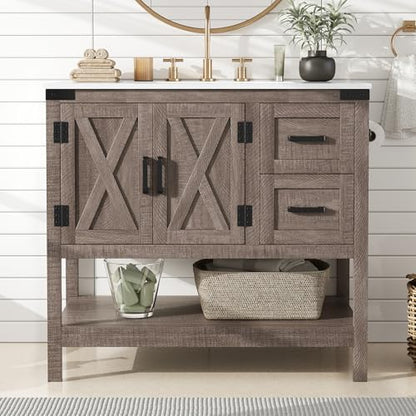 AMERLIFE 36" Gray Farmhouse Bathroom Vanity with Sink and 2 Drawers | Light Gray, Single Solid White Integrated Top, Moisture-Resistant MDF, 2 X-Panel Doors, 2 Drawers, Open Shelf, Towel Holder - color: Light Gray, size: 36”