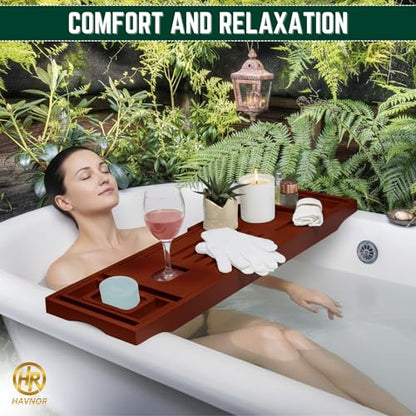Bamboo Bathtub Caddy Tray Expandable & Foldable Bath Shelfwith Book, Tablet & Wine Holder Adjustable Wooden Bath Tray for Relaxing Spa atHome – Fits Most Tub Sizes. - color: Wood Brown