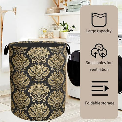 Gold Black Damask Flowers Laundry Basket - Extra Large Foldable Washable Laundry Hamper with Handles, Storage Bin for Bathroom/Laundry/Bedroom/Dorm - color: Golden Damask Flowers